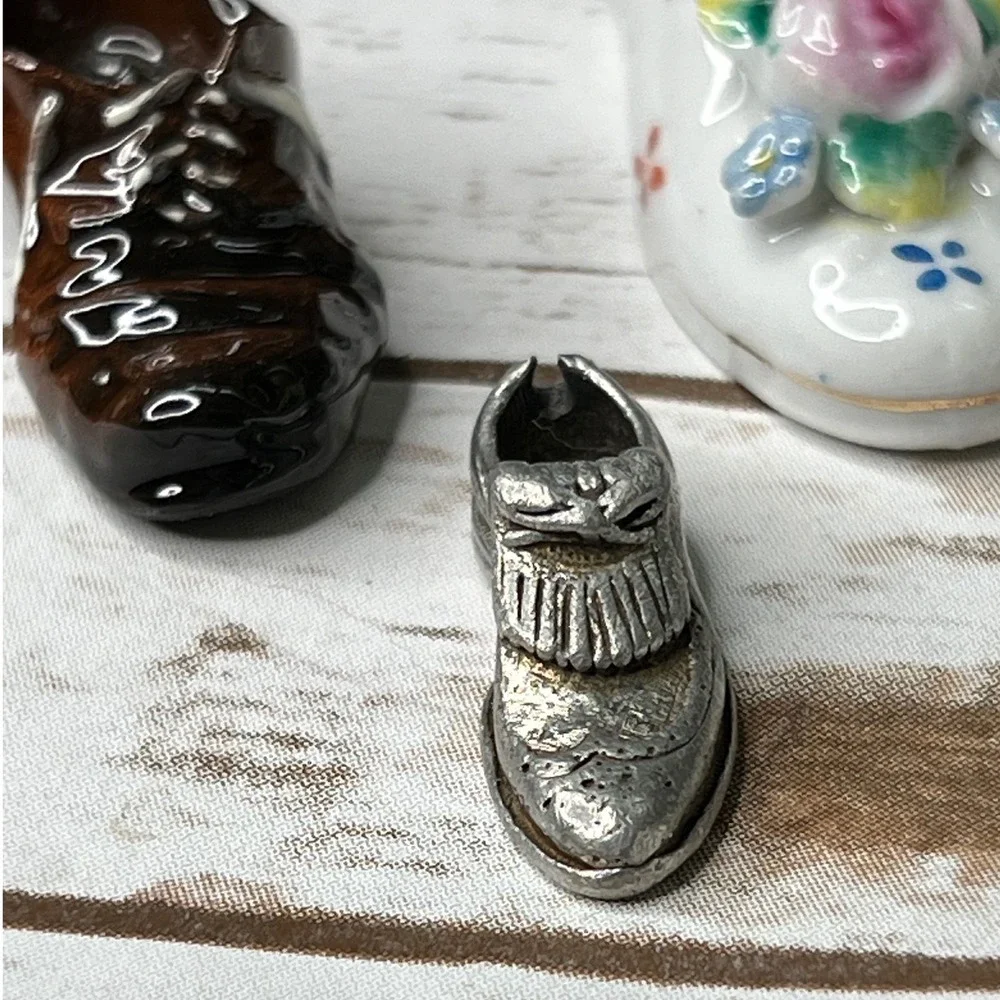 Vintage Miniature Shoe Collection Multicolor Porcelain Glass Wood Shelves OS